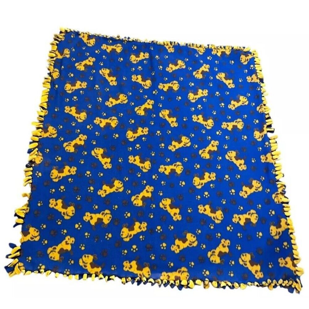 Handmade Fleece Tie Blanket Puppy Dogs& Paw Prints, Blue & Yellow Soft. 57x 53